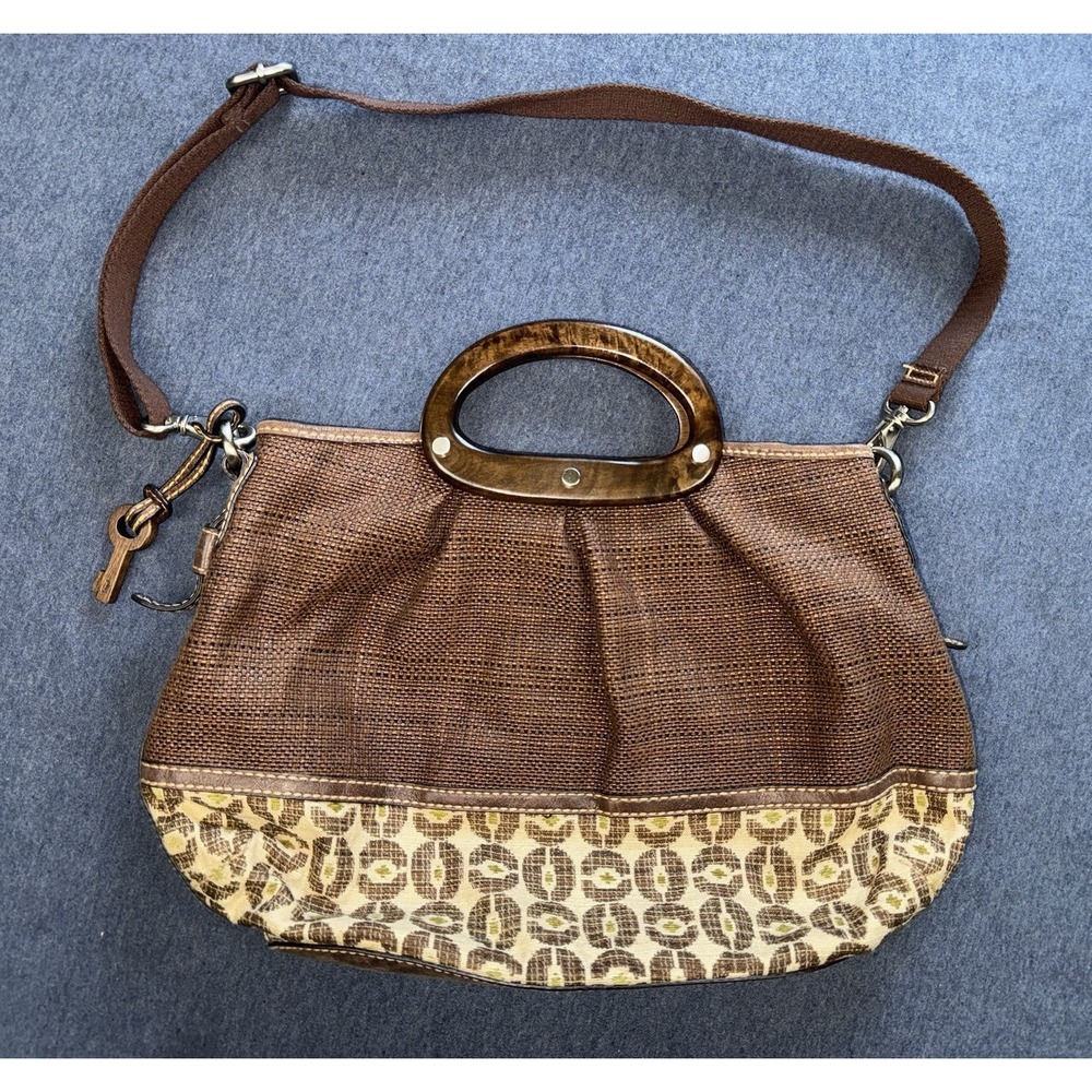 Fossil Leather Brown Olive Canvas Handbag Purse Medium MCM Print Magnetic